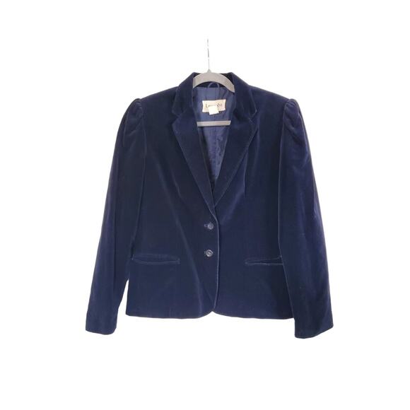 Vintage Legends Dark Blue Velvet Blazer with Long Puff Sleeves 2-Button Size 6 - Picture 1 of 12